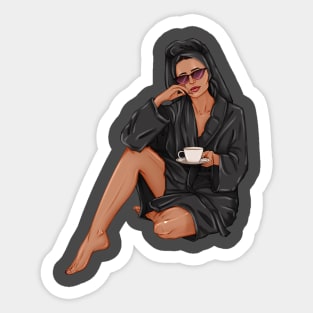 woman with cup of tea in black spa robe Sticker